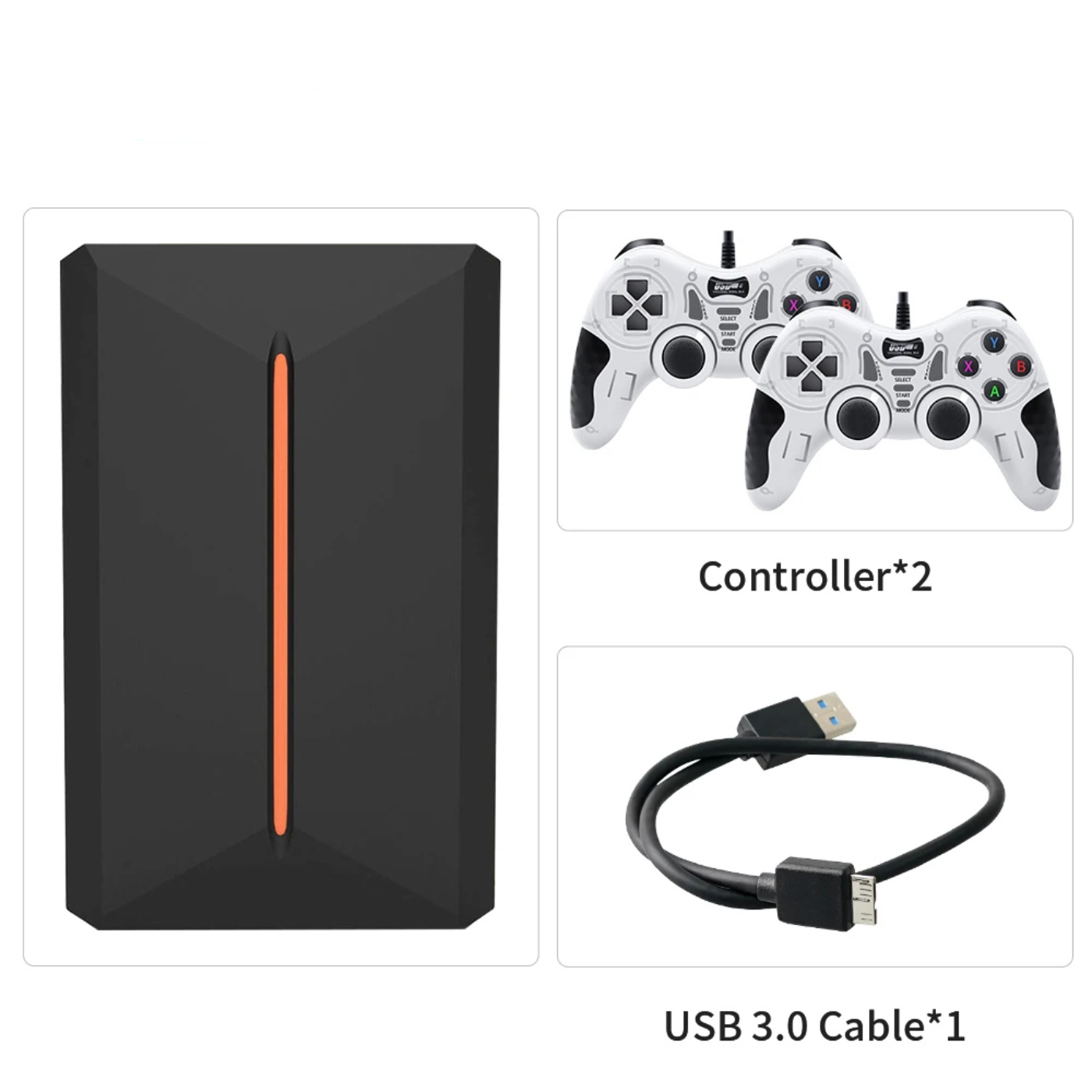 Image des accessoires inclus avec la console disque dur Plug-and-Play de 500Go pour PC Windows : boîtier HDD design noir avec ligne orange, deux manettes blanches sans fil (style PS avec dongles USB), et un câble USB 3.0 pour connexion haute vitesse. Idéal pour plus de 3700 jeux préinstallés et 15 émulateurs rétro (PS1 à PS4, Wii, GameCube, N64, Dreamcast, etc.). Branchez directement sur votre ordinateur Windows 8.1+ pour un gaming instantané sans installation. 

