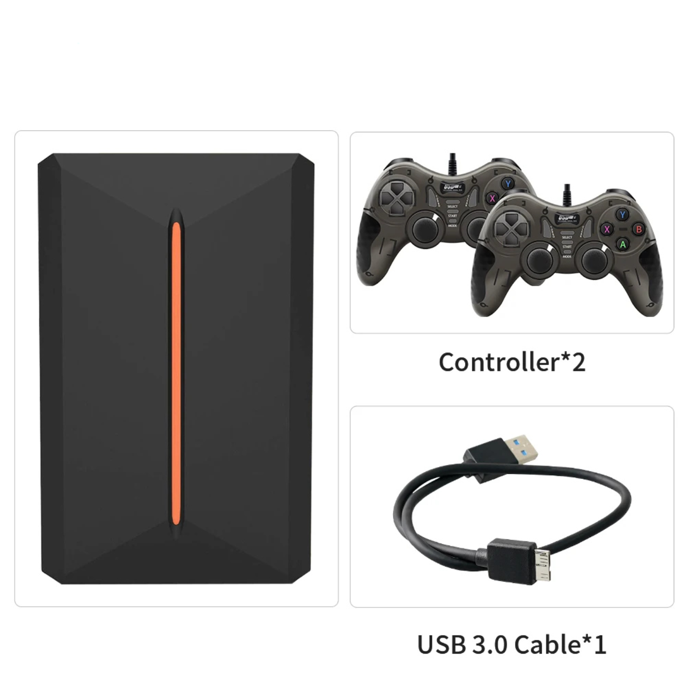 Image des accessoires fournis avec la console disque dur Plug-and-Play de 500Go pour PC Windows : boîtier HDD noir élégant avec bande orange, deux manettes grises sans fil (style PS avec dongles USB), et un câble USB 3.0 pour une connexion rapide. Parfait pour plus de 3700 jeux préinstallés et 15 émulateurs rétro (PS1 à PS4, Wii, GameCube, N64, Dreamcast, etc.).

