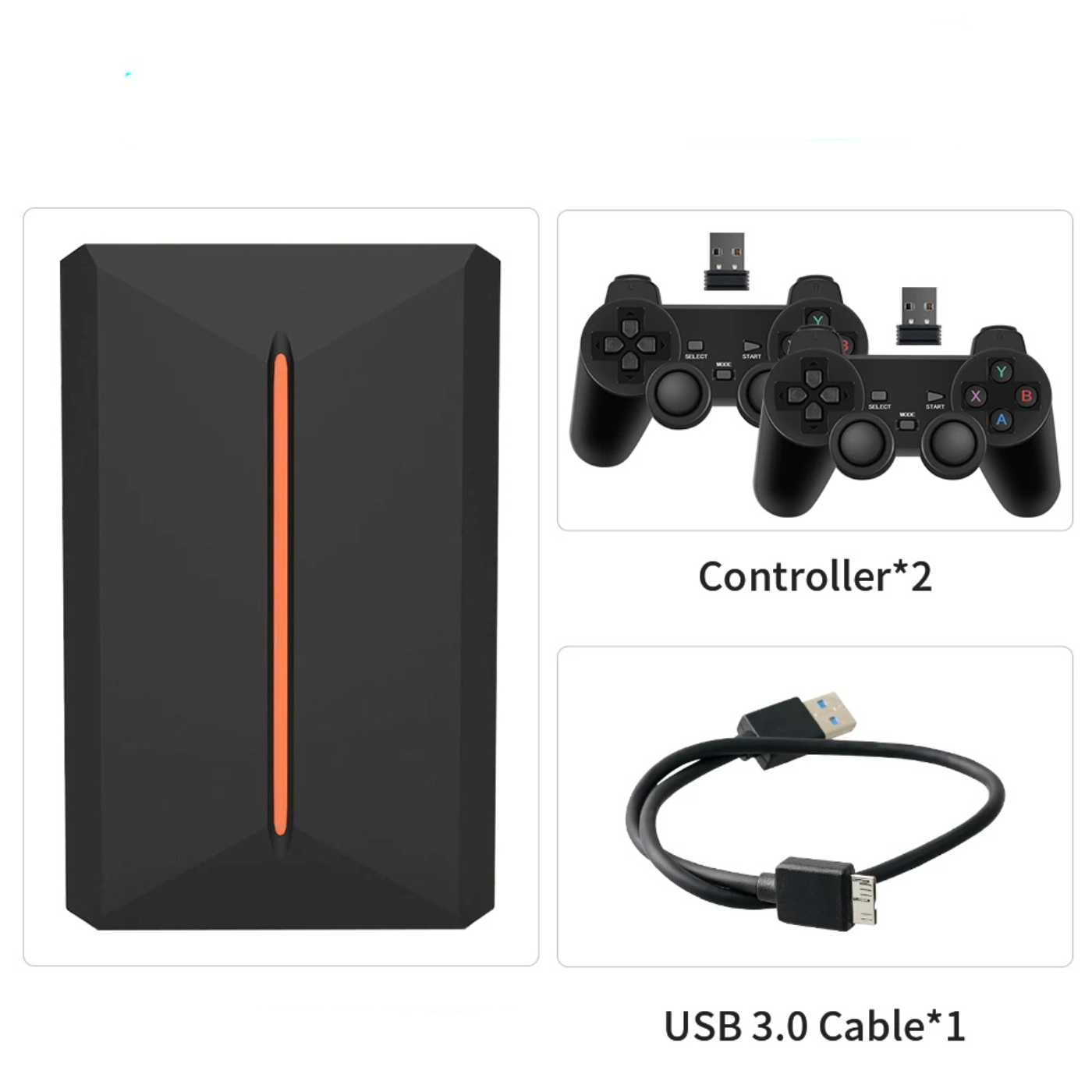 Image des accessoires fournis avec la console disque dur Plug-and-Play de 500Go pour PC Windows : le boîtier HDD élégant avec bande orange, deux manettes sans fil style PS (avec dongles USB), et un câble USB 3.0 pour une connexion rapide. Parfait pour jouer à plus de 3700 jeux préinstallés et 15 émulateurs rétro (PS1 à PS4, Wii, GameCube, N64, etc.). Branchez simplement sur votre ordinateur Windows 8.1+ pour une expérience gaming instantanée sans installation. 

