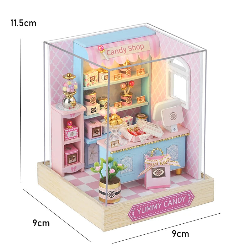 Book nook Candy Shop miniature DIY en bois avec LED, boutique de confiseries rose et bleue décorative pour bibliothèque