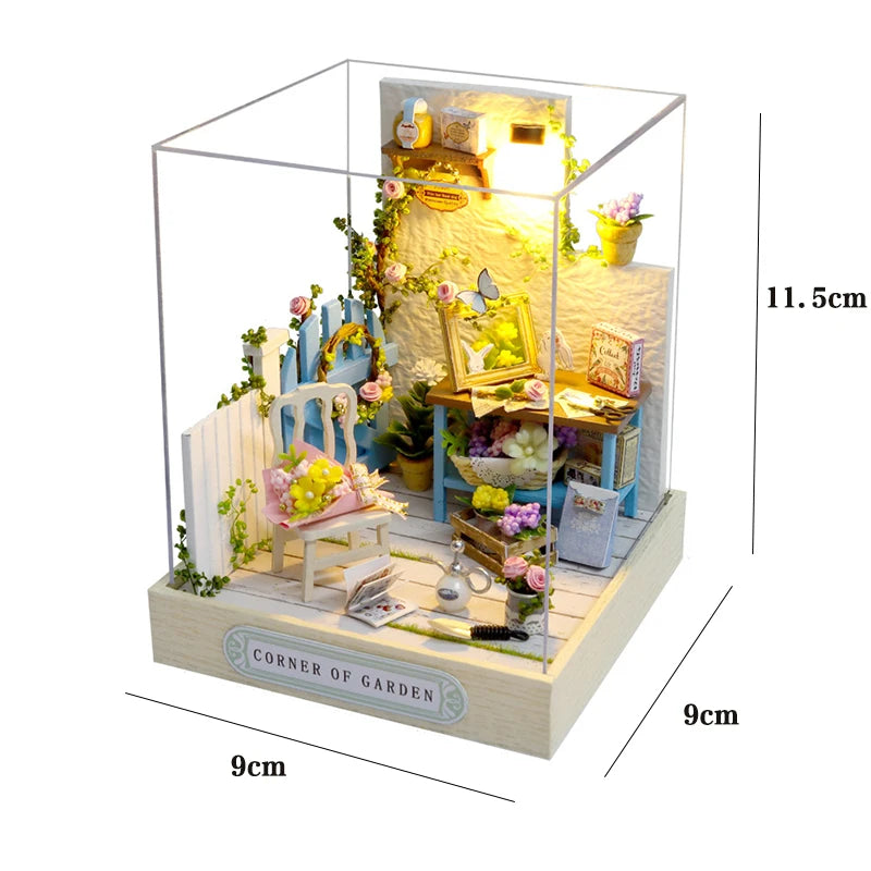 Book nook Corner of Garden miniature DIY en bois avec LED, coin jardin fleuri décoratif pour bibliothèque