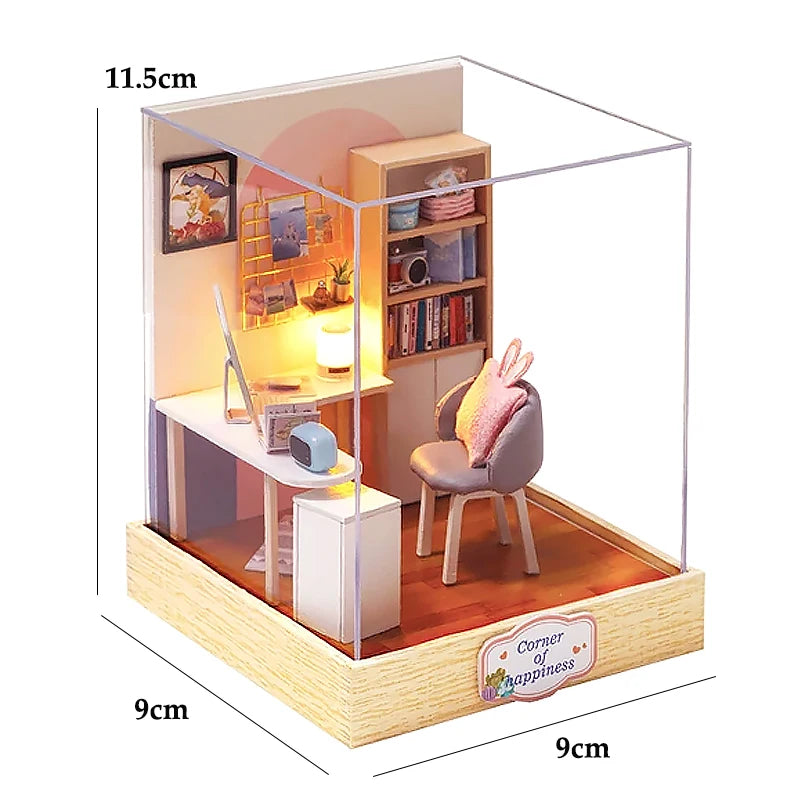 Book nook Corner of Happiness miniature DIY en bois avec LED, coin bureau cosy décoratif pour bibliothèque