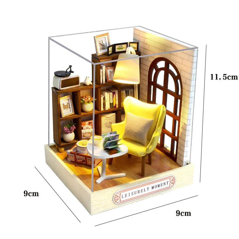 Book nook Leisurely Moment miniature DIY en bois avec LED, coin lecture cosy décoratif pour bibliothèque