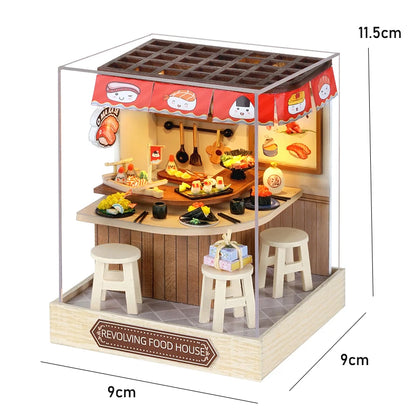 Book nook Revolving Food House miniature DIY en bois avec LED, bar japonais décoratif pour bibliothèque