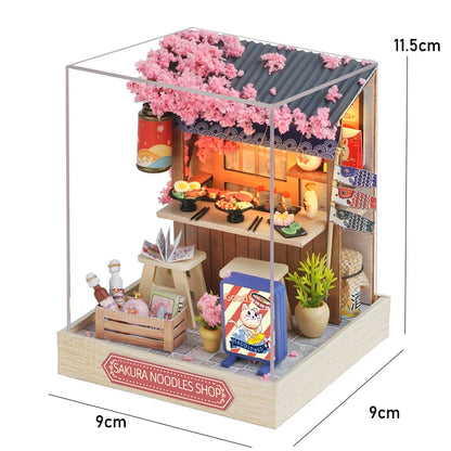 Book nook Sakura Noodles Shop miniature DIY en bois avec LED, échoppe japonaise décorative avec cerisiers en fleurs