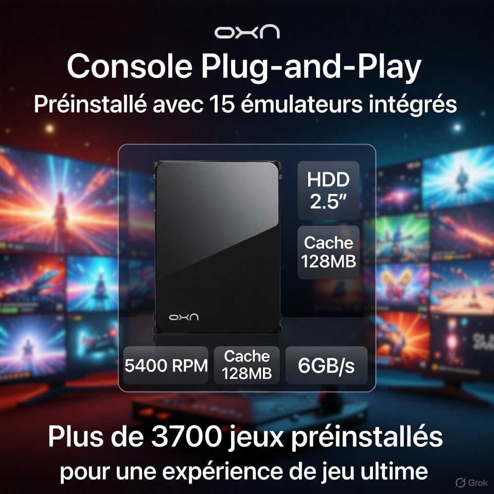 Explorez la console disque dur Plug-and-Play Oxn de 500Go pour PC Windows, équipée de plus de 3700 jeux préinstallés et 15 émulateurs intégrés pour revivre les classiques de PS1, PS2, PS3, PS4, Wii, Wii U, GameCube, N64, Dreamcast, MAME, SNES, NES, Sega Genesis et bien d'autres. Caractéristiques techniques : HDD 2.5" SATA à 5400 RPM, cache 128MB, vitesse de transfert 6GB/s. Compatible Windows 8.1 et supérieur, branchez-la directement pour une immersion gaming instantanée sans téléchargement ni installation.