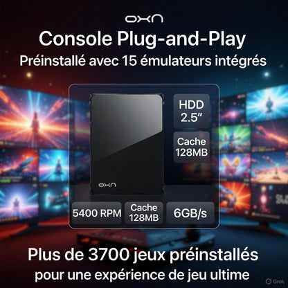 Explorez la console disque dur Plug-and-Play Oxn de 500Go pour PC Windows, équipée de plus de 3700 jeux préinstallés et 15 émulateurs intégrés pour revivre les classiques de PS1, PS2, PS3, PS4, Wii, Wii U, GameCube, N64, Dreamcast, MAME, SNES, NES, Sega Genesis et bien d'autres. Caractéristiques techniques : HDD 2.5" SATA à 5400 RPM, cache 128MB, vitesse de transfert 6GB/s. Compatible Windows 8.1 et supérieur, branchez-la directement pour une immersion gaming instantanée sans téléchargement ni installation.