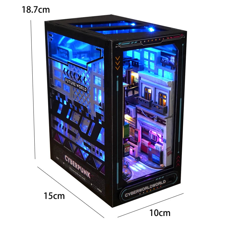 Booknook LED cyberpunk miniature en bois, diorama lumineux futuriste avec néons pour bibliothèque geek