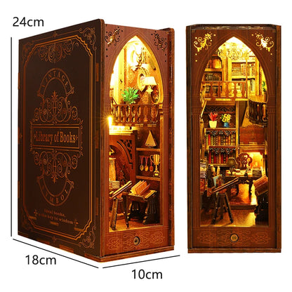 Booknook LED bibliothèque ancienne miniature en bois, diorama lumineux style vintage avec livres et bureau pour bibliothèque