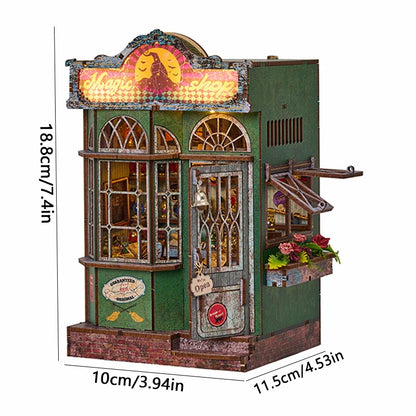 Booknook LED boutique miniature en bois, diorama lumineux de magasin ancien pour bibliothèque avec façade détaillée