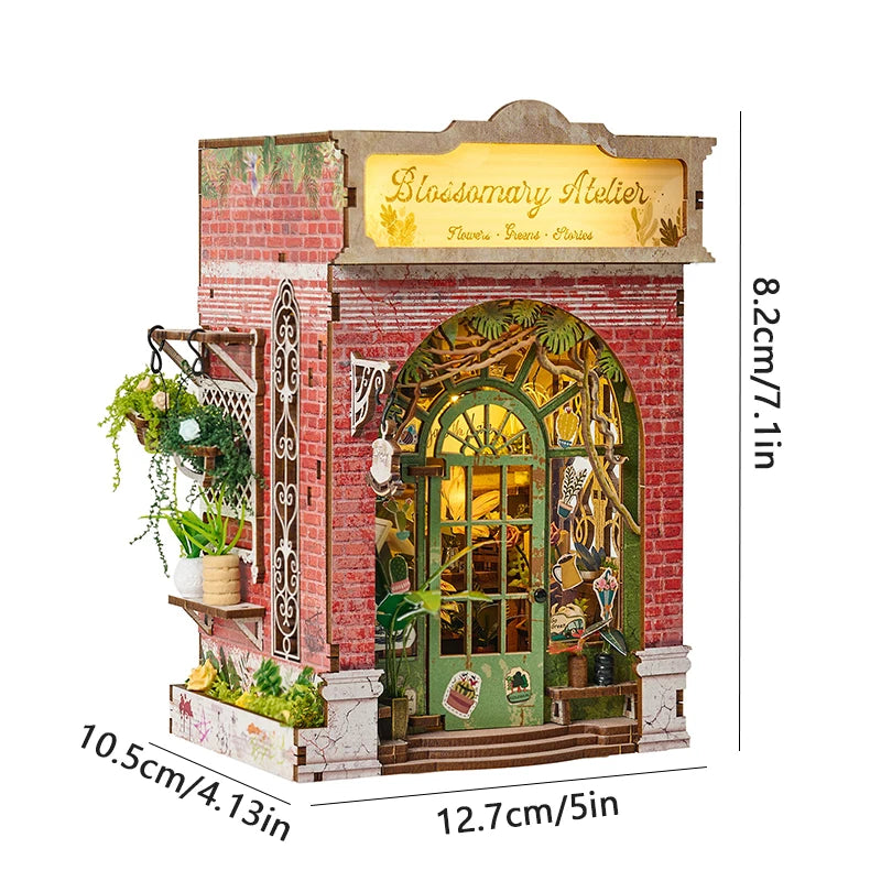Booknook LED boutique florale miniature en bois, diorama lumineux avec plantes et façade vintage pour bibliothèque