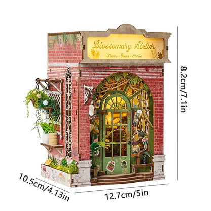 Booknook LED boutique florale miniature en bois, diorama lumineux avec plantes et façade vintage pour bibliothèque