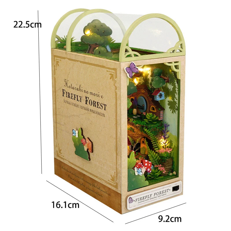 Booknook LED forêt miniature en bois, diorama lumineux féerique avec maison et lucioles pour bibliothèque