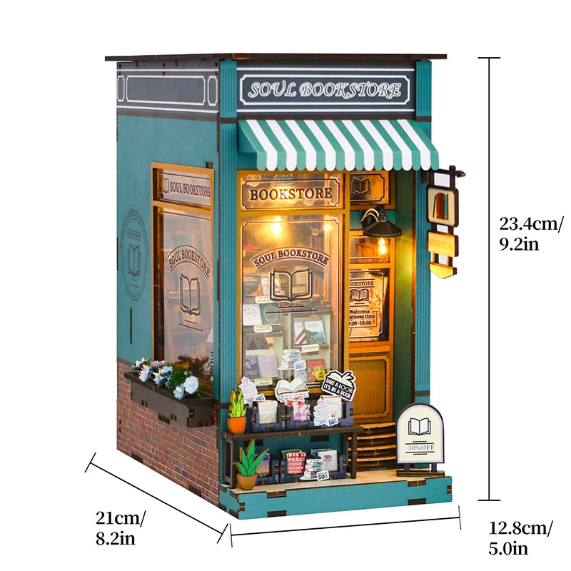 Booknook LED librairie miniature en bois, diorama lumineux de bookstore pour bibliothèque avec façade détaillée