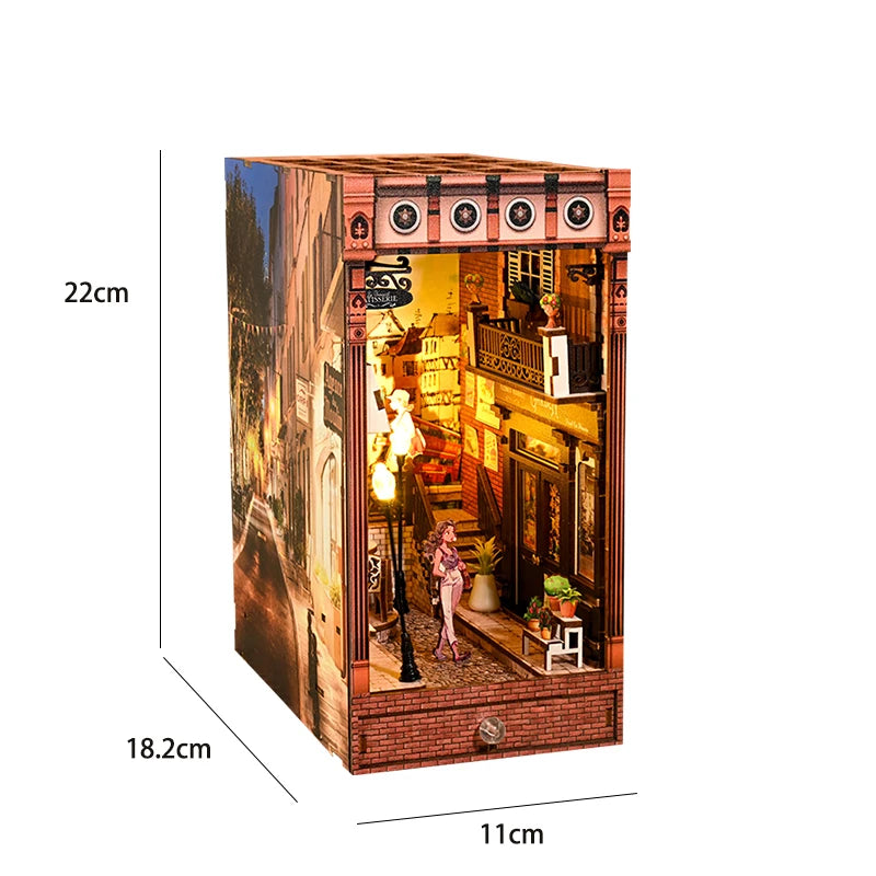 Booknook LED ruelle miniature en bois, diorama lumineux urbain pour bibliothèque avec scène de rue détaillée