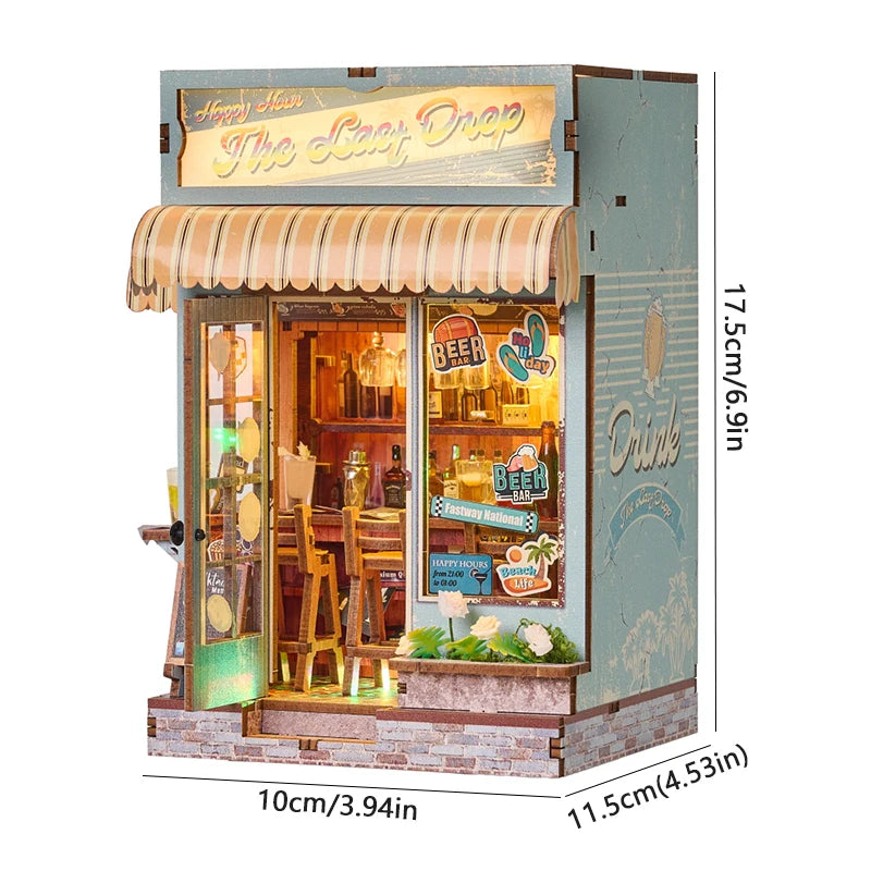 Booknook LED bar miniature en bois, diorama lumineux style bistrot vintage pour bibliothèque avec scène intérieure détaillée