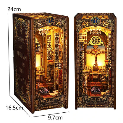 Booknook LED temple miniature en bois, diorama lumineux pour bibliothèque avec décor mystique et détails dorés