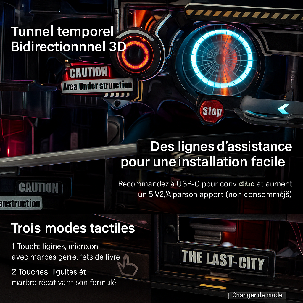 Image d’une maquette cyberpunk automatisée avec tunnel 3D, lumières LED, interface USB-C et modes tactiles, modèle ROKR The Last City.