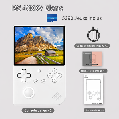 Console rétro portable ANBERNIC RG40XXV Blanc avec écran IPS 4 pouces, joystick RGB et accessoires inclus (câble USB-C, manuel utilisateur, boîte cadeau).
