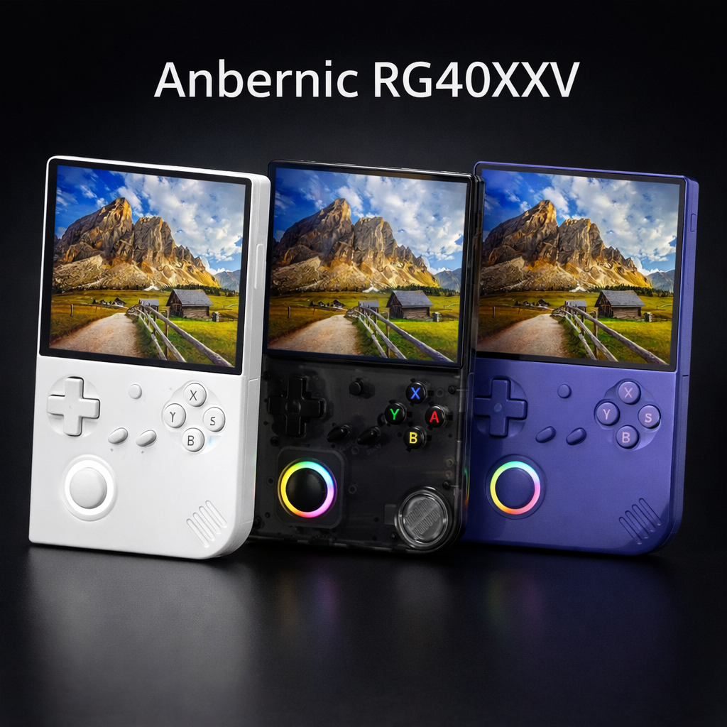 Photo studio de la console rétro portable ANBERNIC RG40XXV en 3 couleurs (Blanc, Transparent Noir et Bleu Indigo) sur fond noir, avec écran IPS 4 pouces et joystick RGB.