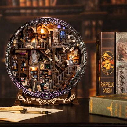 Book Nook Bibliothèque Magique en bois avec éclairage LED, scène miniature fantastique posée devant des livres anciens