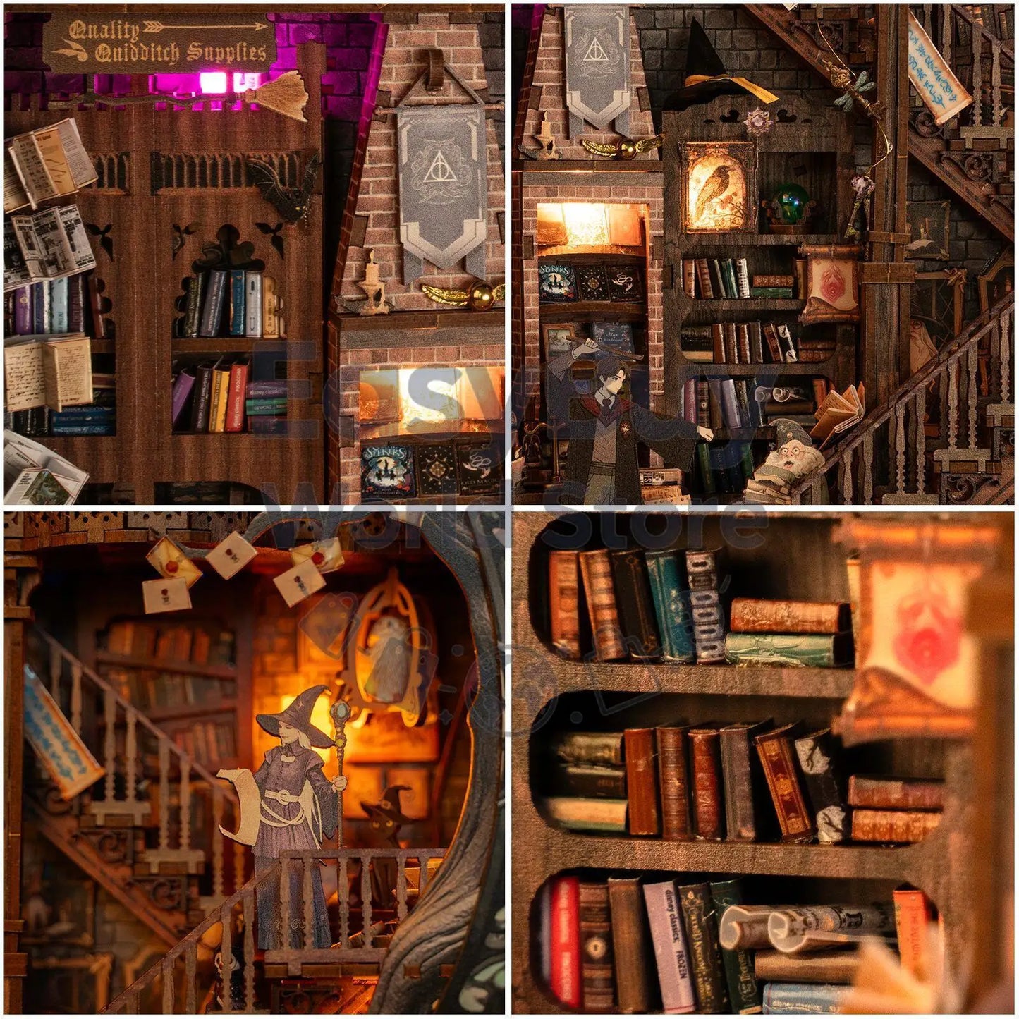 Détails intérieurs du Book Nook Bibliothèque Magique, scènes miniatures en bois avec livres, escaliers et éclairage LED, univers fantastique
