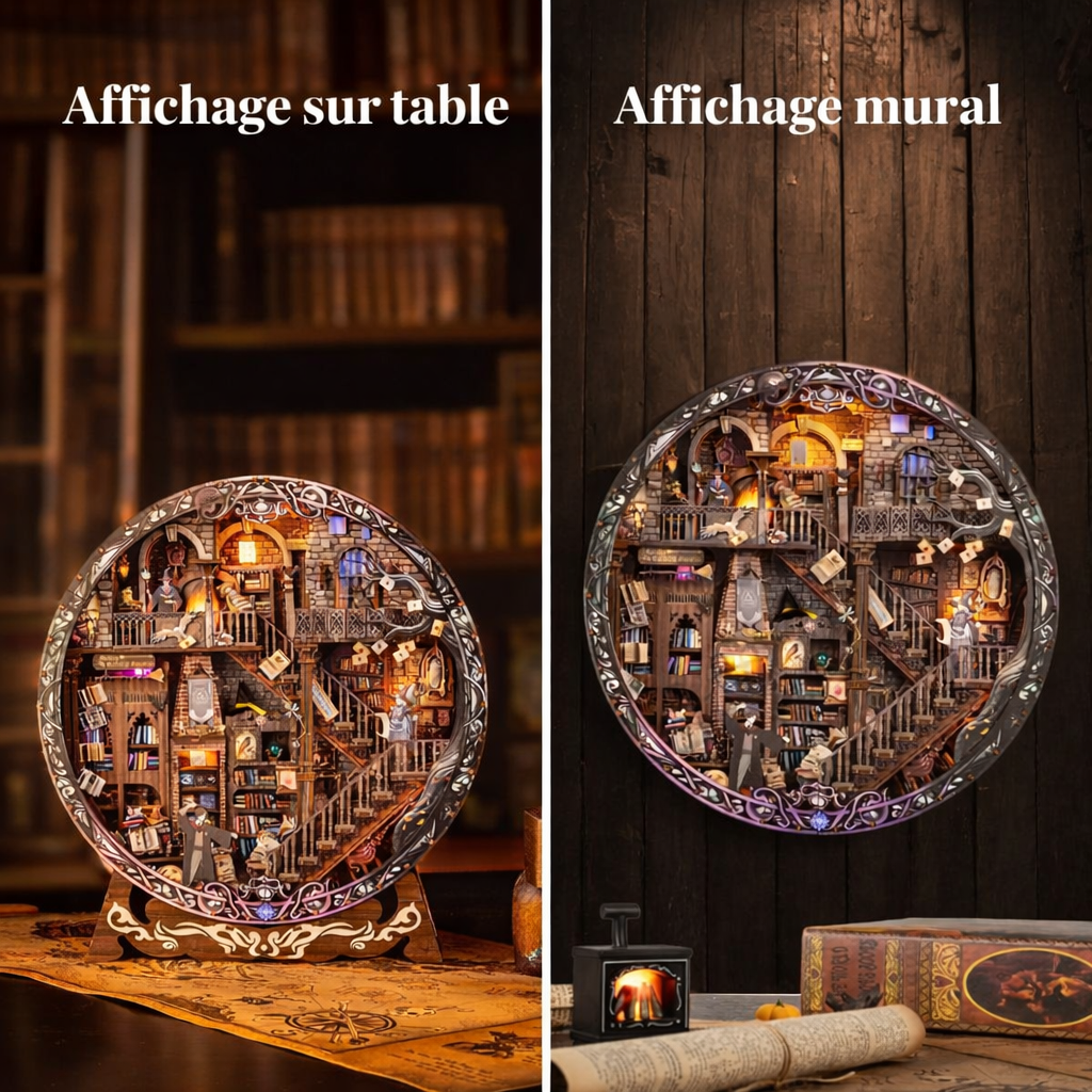 Book Nook Bibliothèque Magique présenté en exposition sur table et en suspension murale, décoration miniature en bois avec éclairage LED