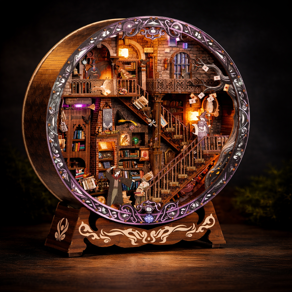 Book nook Bibliothèque Magique en bois avec éclairage LED, scène miniature circulaire détaillée présentée sur fond noir sombre pour un rendu professionnel et haut de gamme.