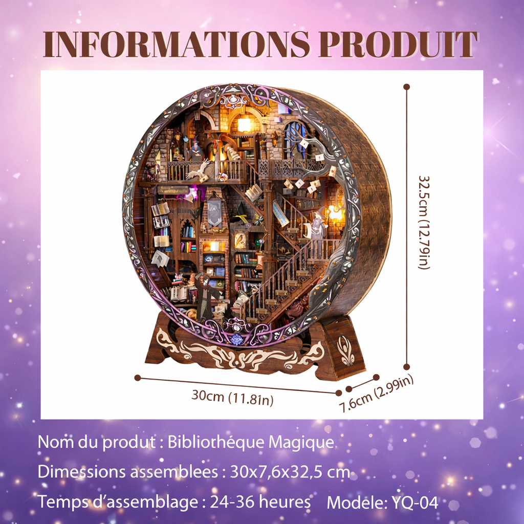 Book Nook Bibliothèque Magique circulaire avec éclairage LED, décor miniature de bibliothèque fantastique à assembler, dimensions et détails du produit