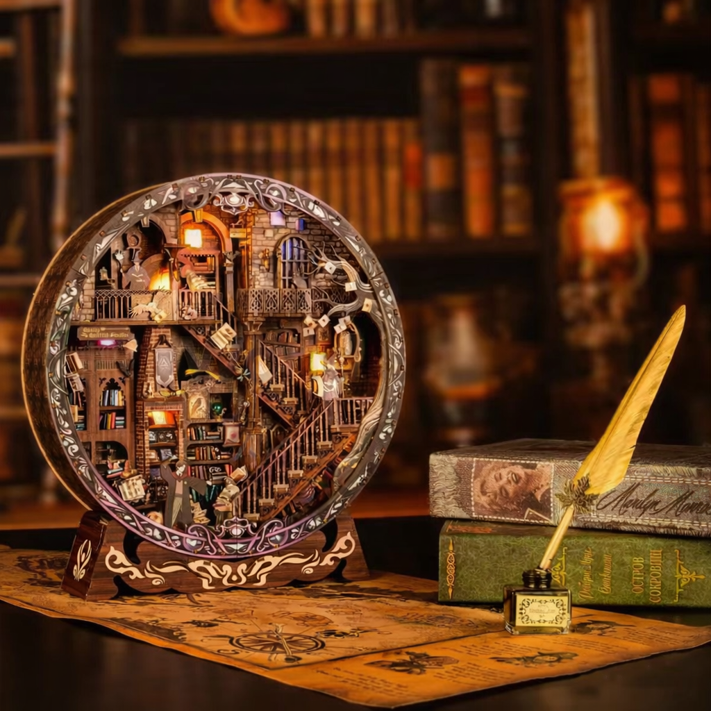 Book Nook Bibliothèque Magique posé sur un bureau, décor miniature en bois avec éclairage LED, ambiance bibliothèque fantastique