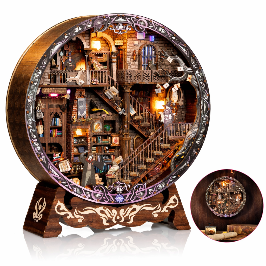 Book Nook Bibliothèque Magique en bois avec éclairage LED, scène miniature fantastique posée devant des livres anciens