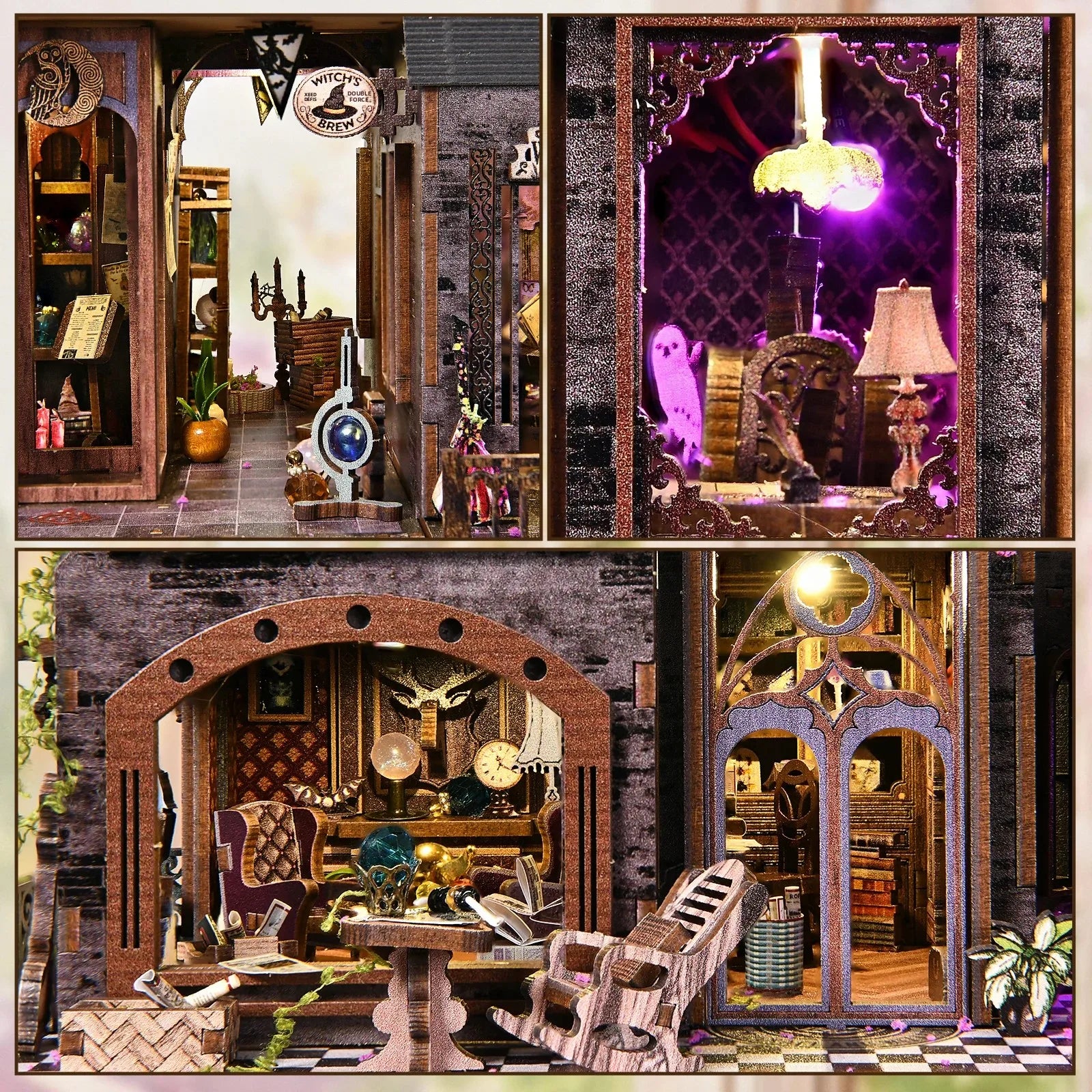 Détails intérieurs du book nook château magique avec pièces miniatures, mobilier féerique et éclairage LED violet et doré