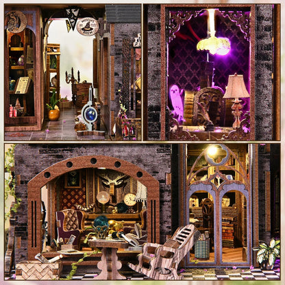 Détails intérieurs du book nook château magique avec pièces miniatures, mobilier féerique et éclairage LED violet et doré