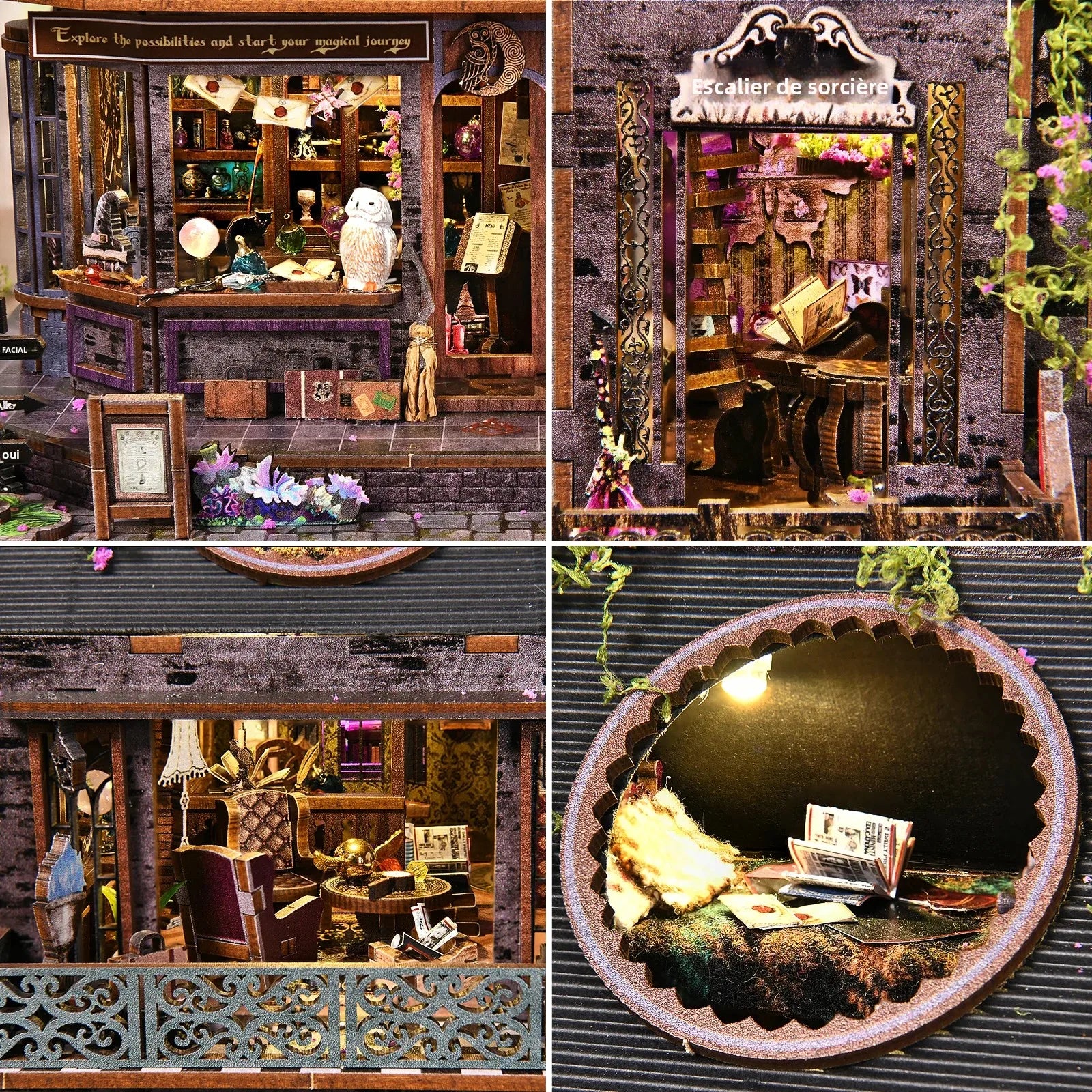 Détails intérieurs du book nook château magique avec boutique de sorcellerie, escalier secret, bibliothèque miniature et éclairage LED