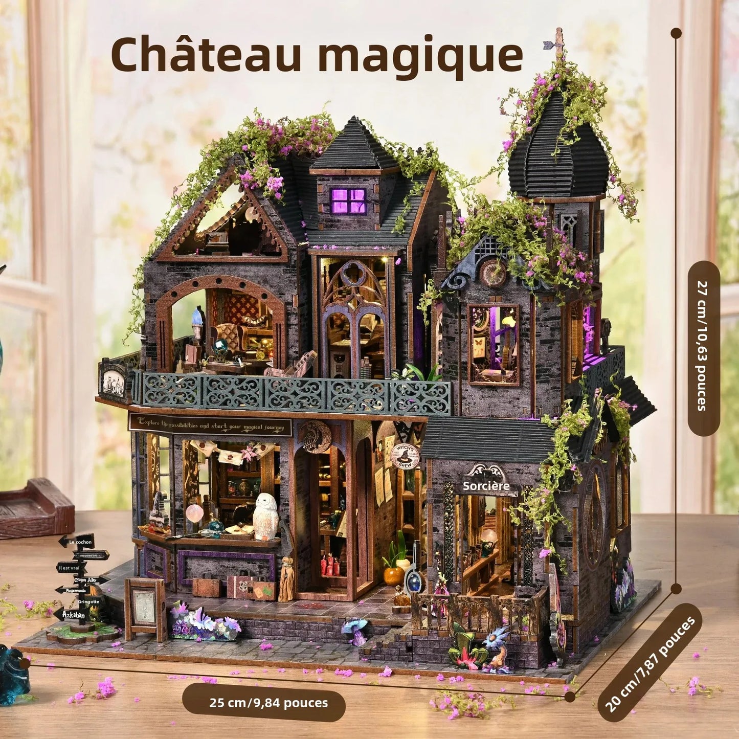 Book nook château magique en bois à assembler, maison fantastique lumineuse avec détails féériques et décoration de bibliothèque