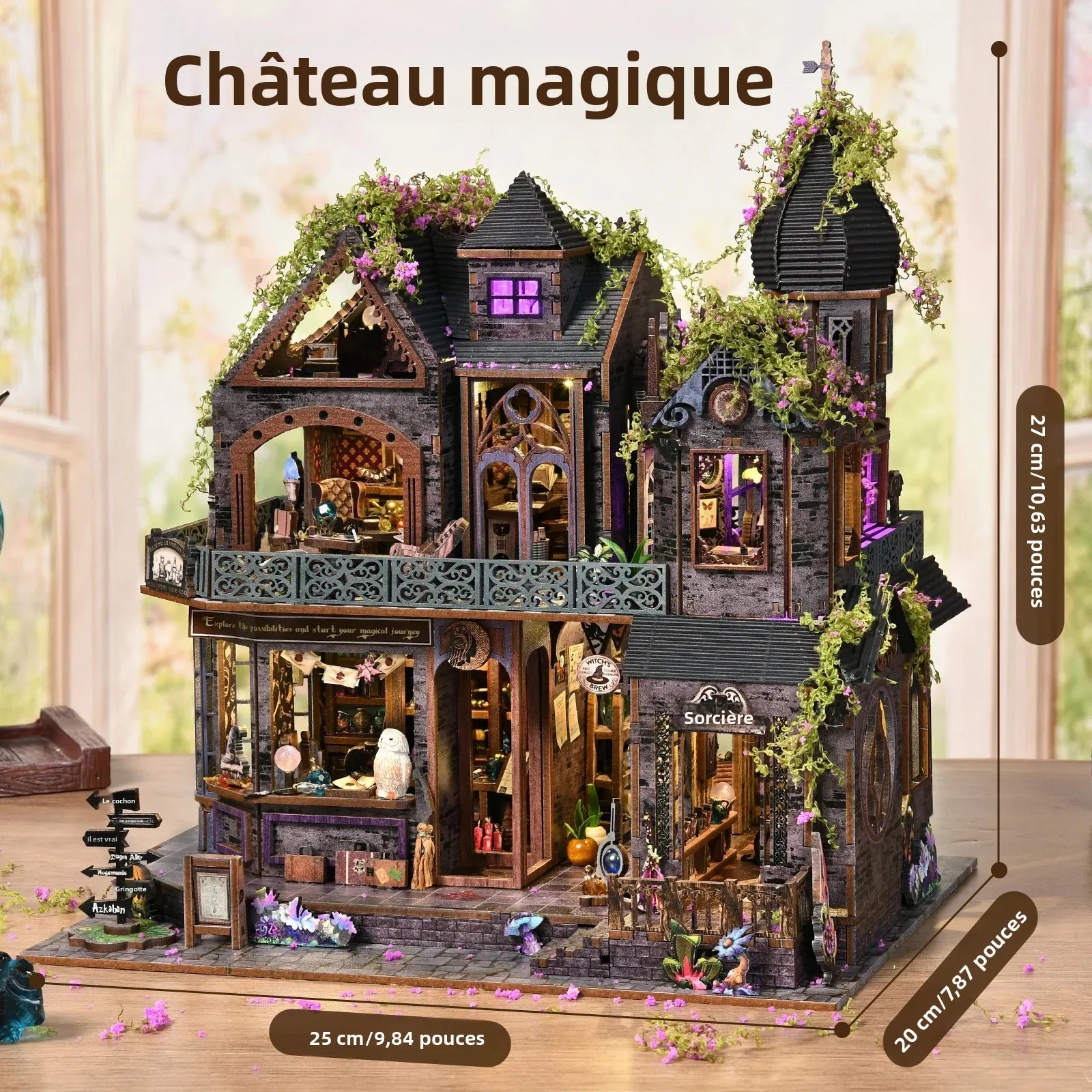 Book nook château magique en bois à assembler, maison fantastique lumineuse avec détails féériques et décoration de bibliothèque