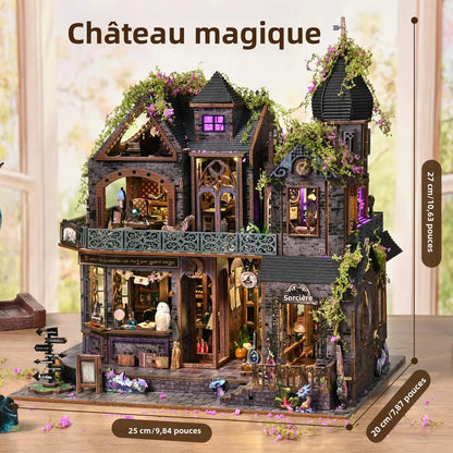 Book nook château magique en bois à assembler, maison fantastique lumineuse avec détails féériques et décoration de bibliothèque