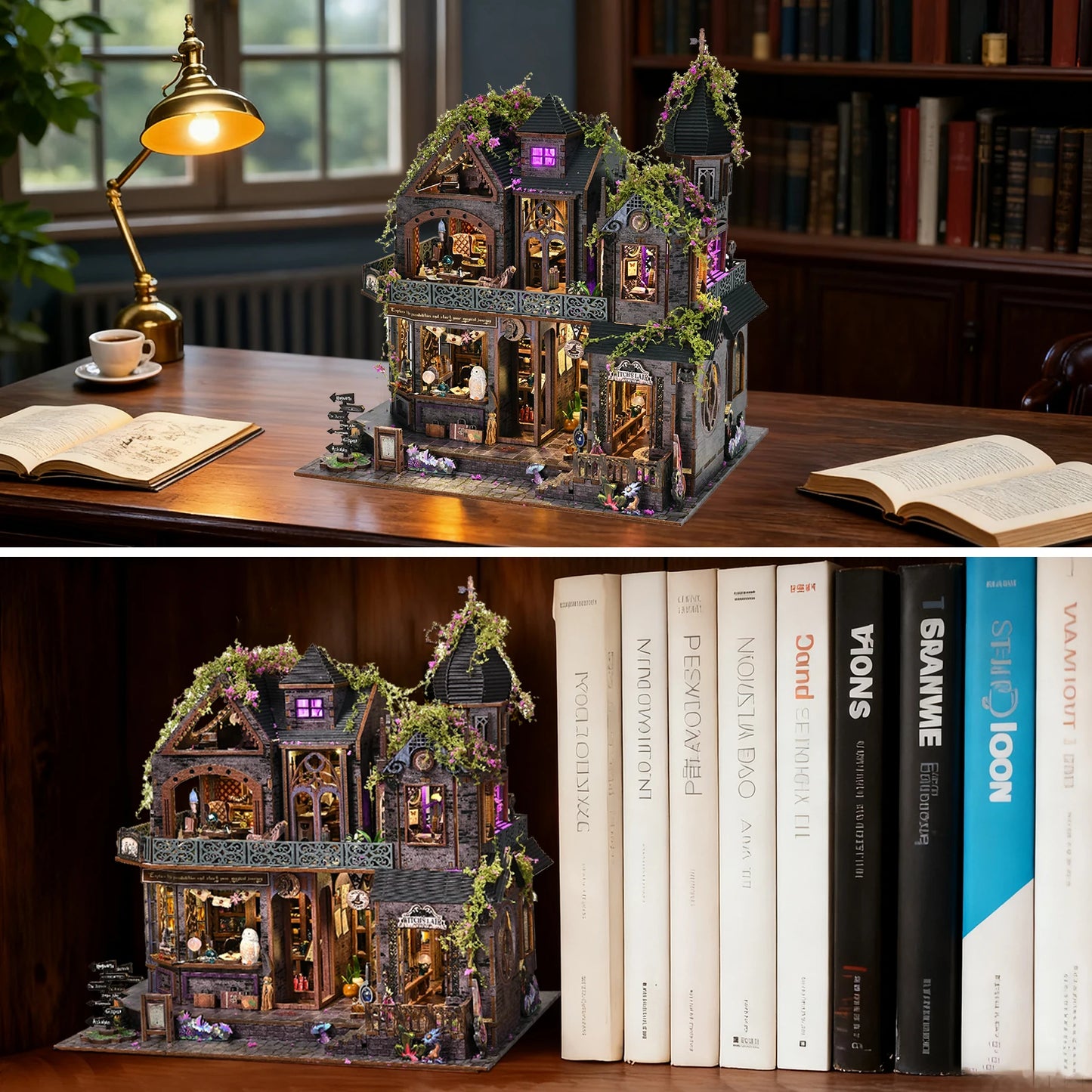 Book nook château magique en miniature posé sur un bureau et intégré dans une bibliothèque, avec éclairage LED et détails féeriques