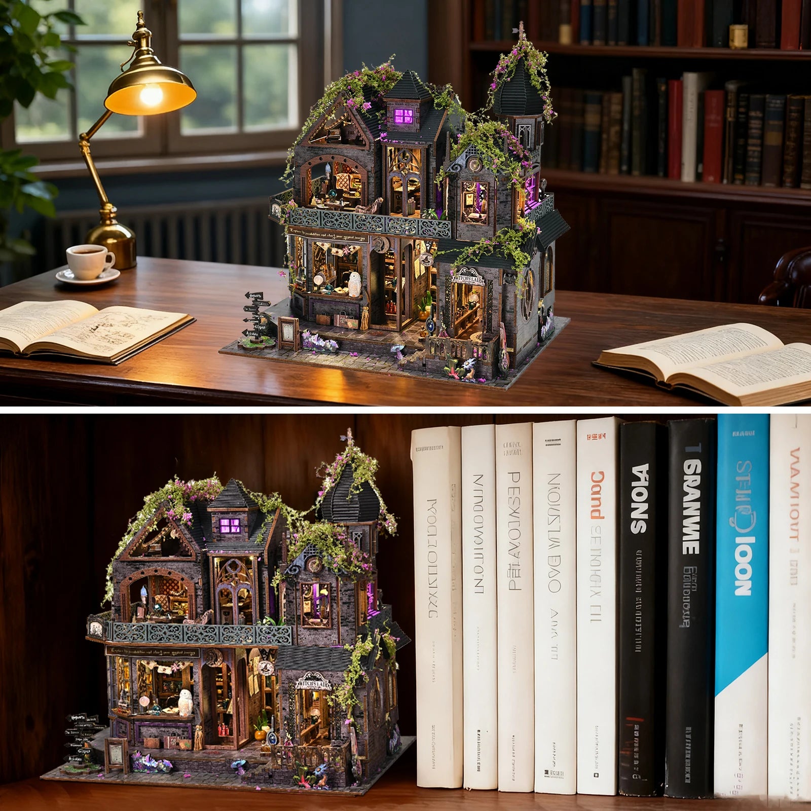 Book nook château magique en miniature posé sur un bureau et intégré dans une bibliothèque, avec éclairage LED et détails féeriques
