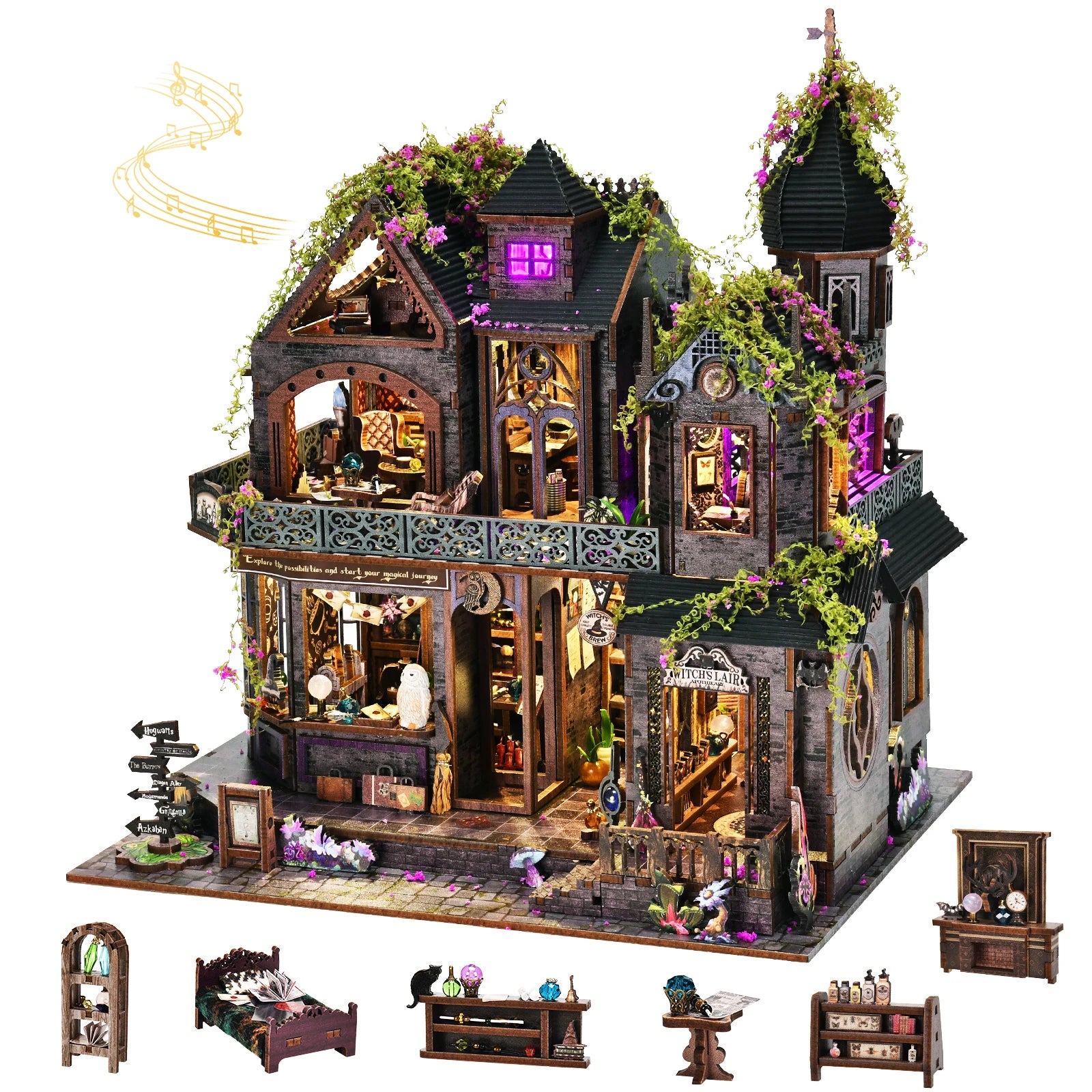 Book nook château magique en miniature avec maisons féeriques, détails de sorcellerie, meubles miniatures et éclairage LED intégré