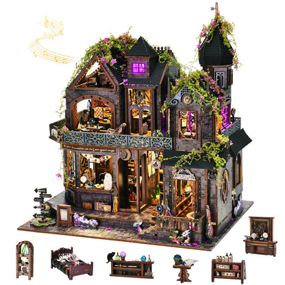 Book nook château magique en miniature avec maisons féeriques, détails de sorcellerie, meubles miniatures et éclairage LED intégré
