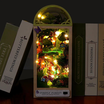 Booknook LED forêt miniature en bois, diorama lumineux féerique avec lucioles éclairées pour bibliothèque