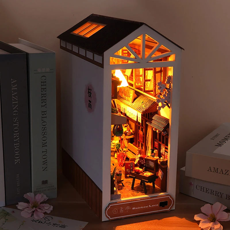 Booknook LED ruelle japonaise miniature en bois, diorama lumineux ambiance nocturne style asiatique pour bibliothèque