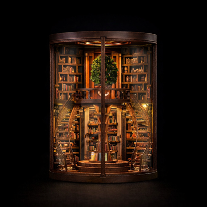Book nook Wisdom Rings, bibliothèque miniature en bois avec escalier circulaire et éclairage LED, présenté sur fond noir pour décoration de bibliothèque.