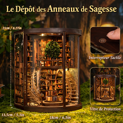 Book nook DIY Wisdom Rings, bibliothèque miniature circulaire en bois avec éclairage LED, escalier central et étagères remplies de livres, décor lumineux pour étagère ou bibliothèque.