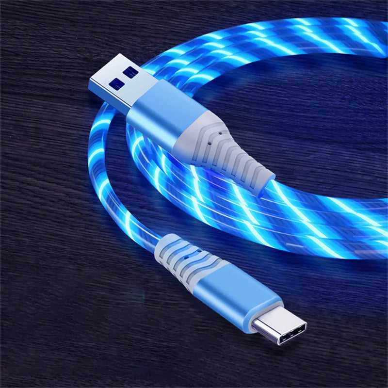 Câble USB-C lumineux bleu à effet LED spirale, charge rapide 3A sur fond sombre