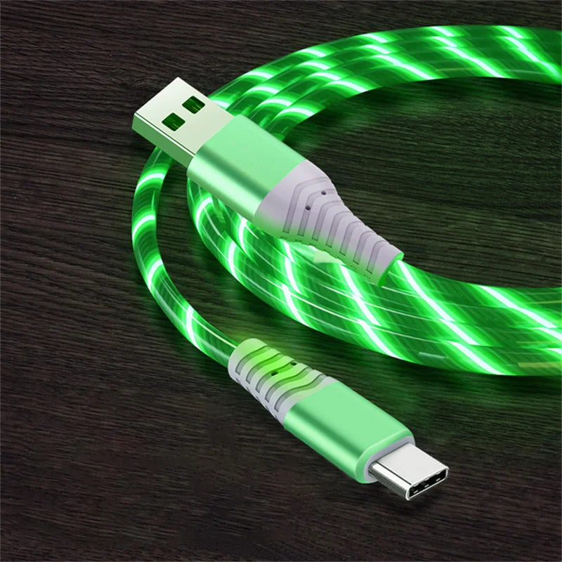 Câble USB-C lumineux vert à LED spiralée, charge rapide 3A, compatible Android