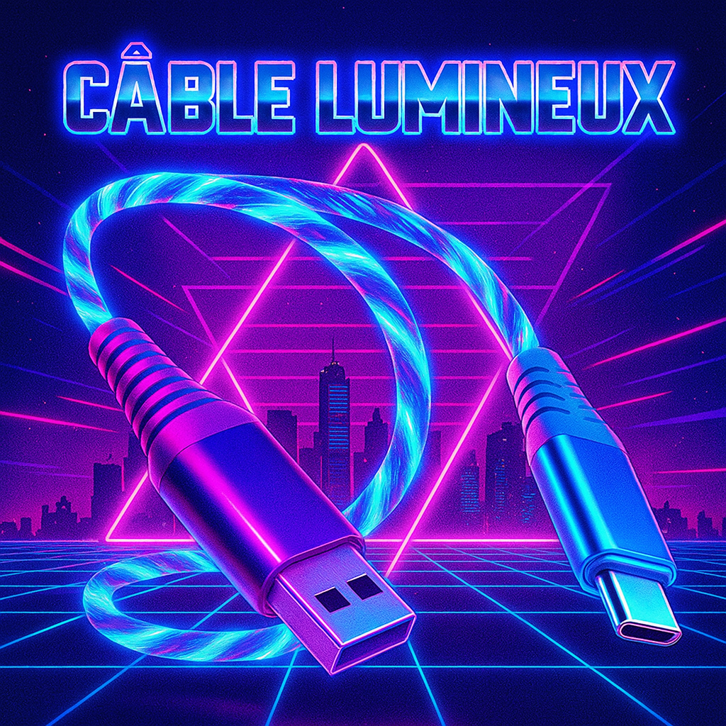 Câble USB-C lumineux effet LED Flow, style néon rétro futuriste pour recharge smartphone