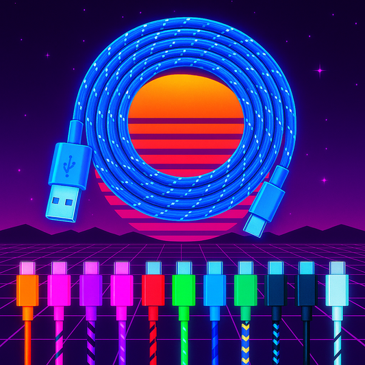 Câbles USB-C tressés multicolores en nylon, présentés sur un fond rétro néon années 80, format carré – accessoires compatibles charge rapide pour console RÉTRONIC Portable et appareils Android/iPad.
