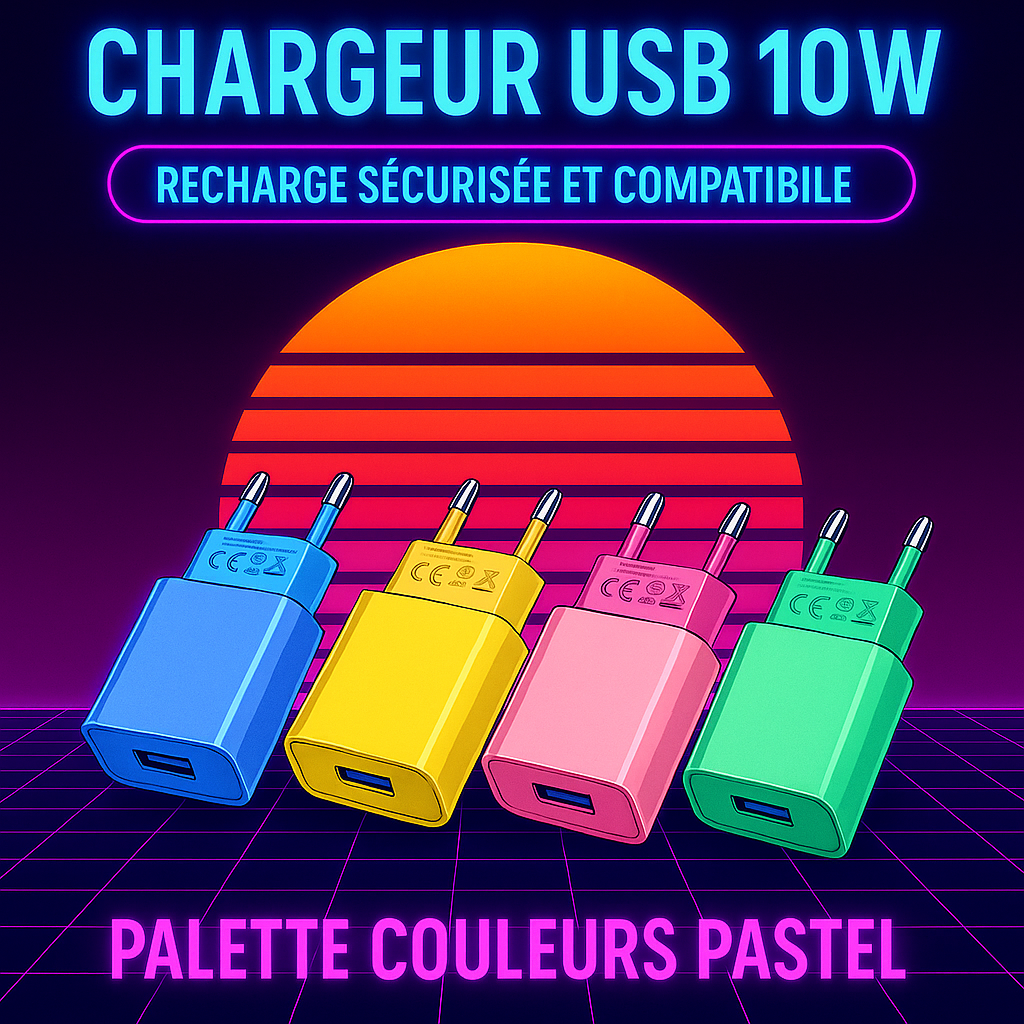 Affiche promotionnelle carrée en style rétro années 80 présentant quatre chargeurs USB 10W colorés (bleu, jaune, rose, vert) avec texte néon et soleil stylisé – recharge compatible RÉTRONIC.